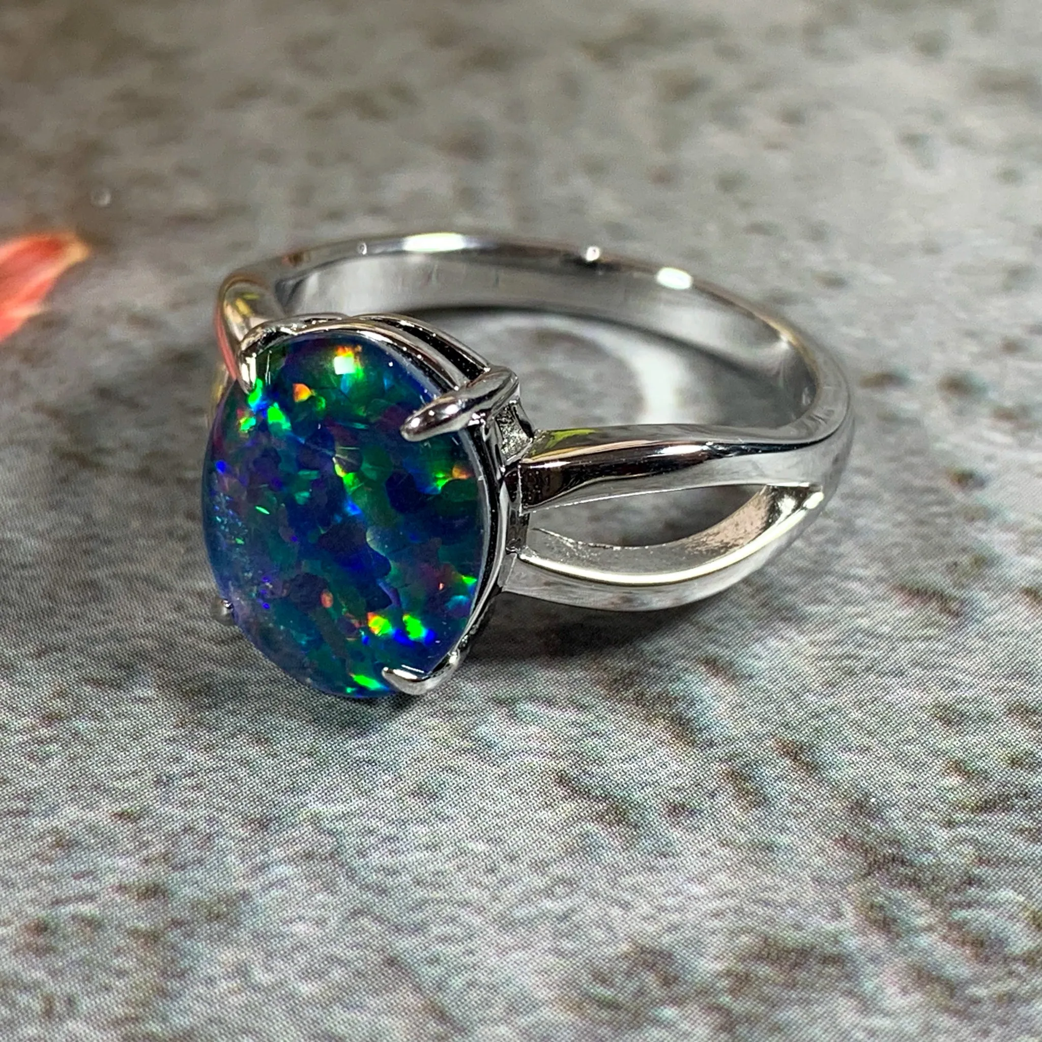 Sterling Silver 12x10mm Opal triplet ring open shoulder shank