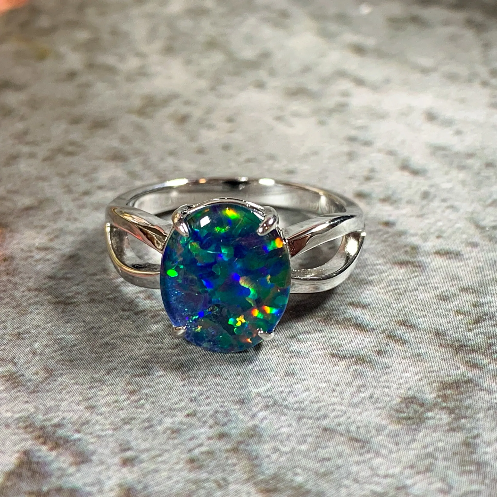 Sterling Silver 12x10mm Opal triplet ring open shoulder shank