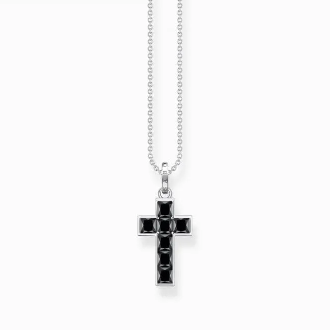 Sterling Silver Black Stones Cross Necklace KE2166-643-11