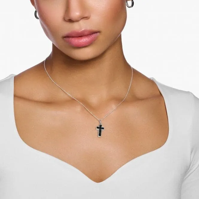 Sterling Silver Black Stones Cross Necklace KE2166-643-11