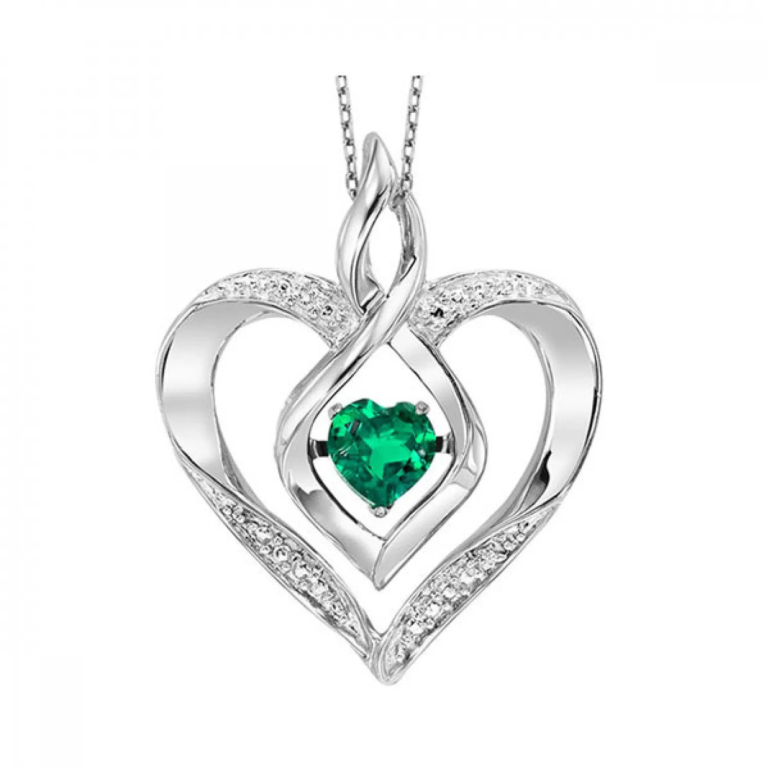 Sterling Silver, Created Emerald & Diamond Rhythm of Love Heart Pendant & Chain