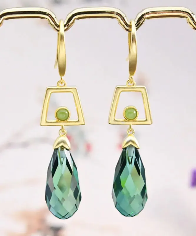 Sterling Silver Overgild Inlaid Crystal Jade Drop Earrings