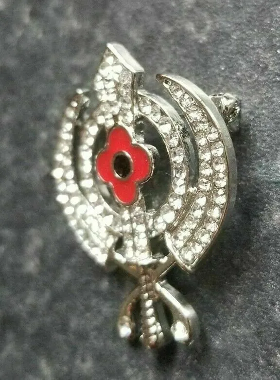 Stunning diamonte silver plated sikh khandapoppy singh kaur khalsa brooch pin