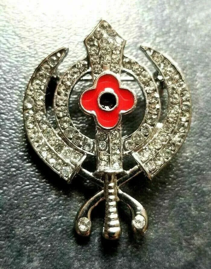 Stunning diamonte silver plated sikh khandapoppy singh kaur khalsa brooch pin