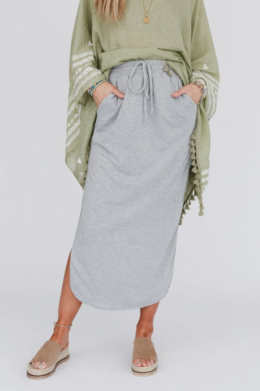 The Nest So Comfy Drawstring Maxi Skirt - Heather Gray