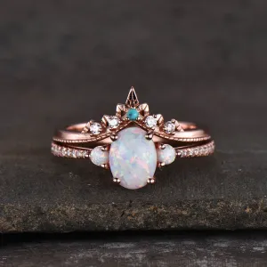 Three Stone Opal Engagement Ring Set Bridal Jewelry 14k/18k Rose Gold