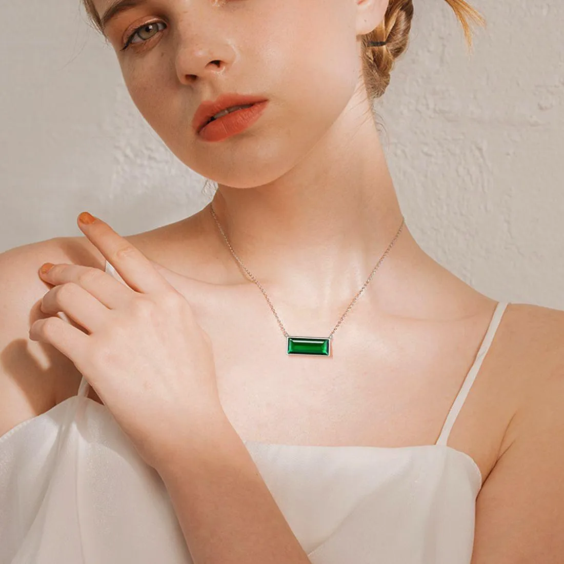 Tokyo Mart Bar Birthstone May Emerald Necklace Women Girls Jewelry Birthday Gift Sterling Silver