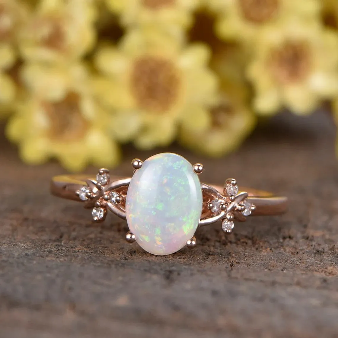 Vintage 1.5CT Oval Australian Opal Engagement Ring Diamond Vine Wedding Band