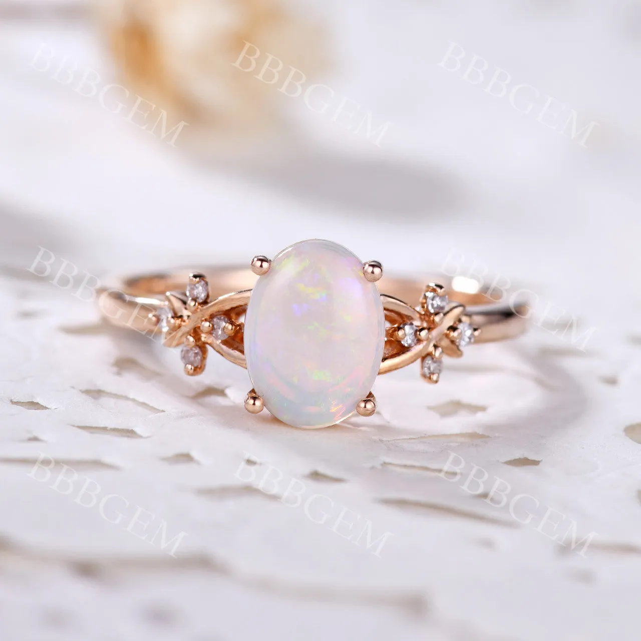 Vintage 1.5CT Oval Australian Opal Engagement Ring Diamond Vine Wedding Band