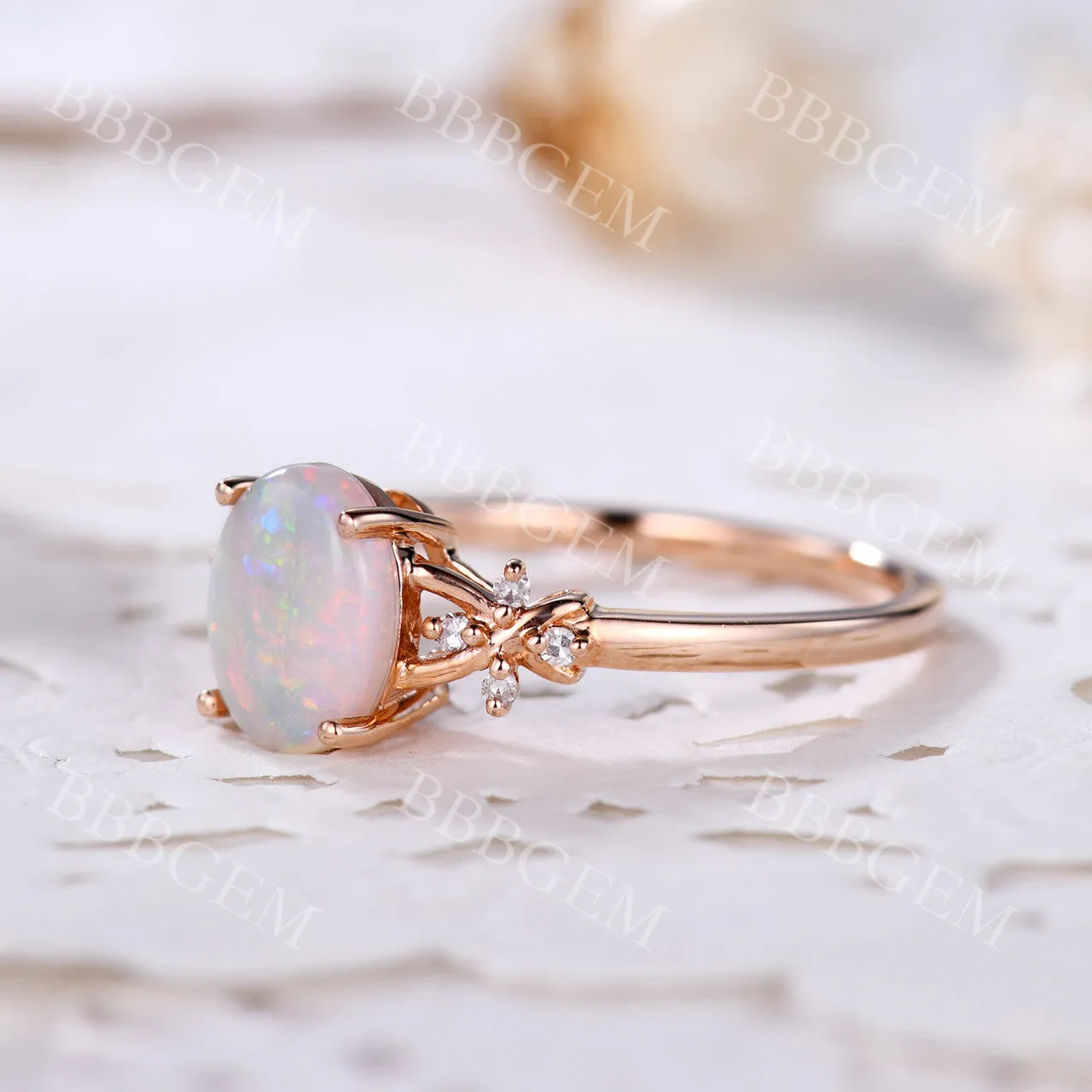 Vintage 1.5CT Oval Australian Opal Engagement Ring Diamond Vine Wedding Band