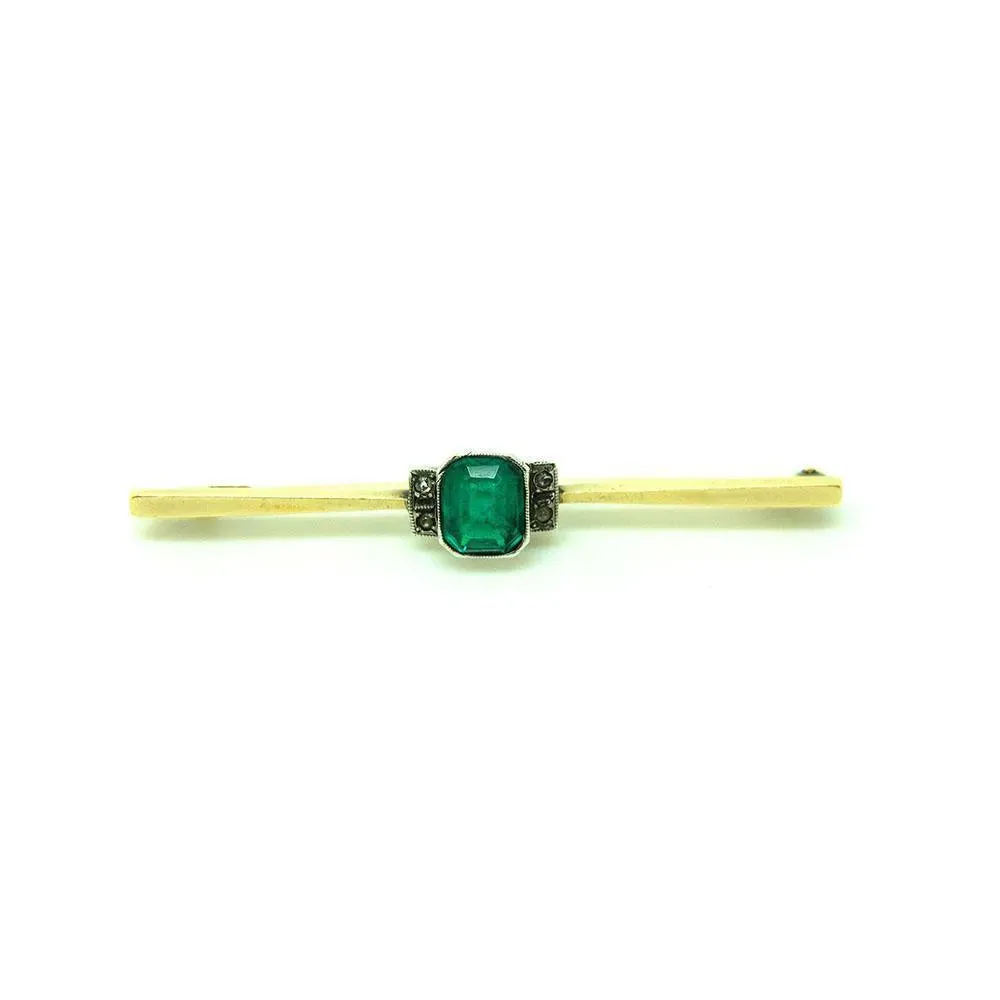 Vintage 1920s Art Deco Emerald Glass 9ct Gold Bar Brooch