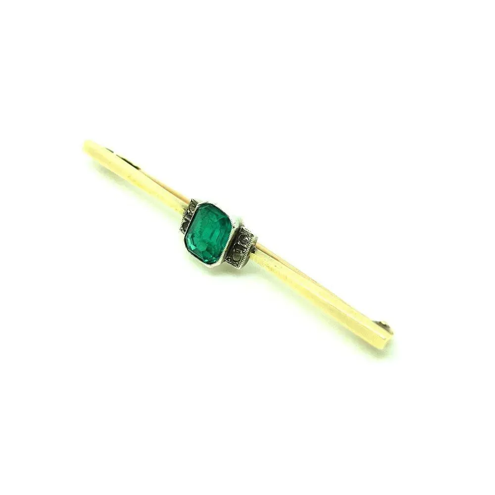 Vintage 1920s Art Deco Emerald Glass 9ct Gold Bar Brooch