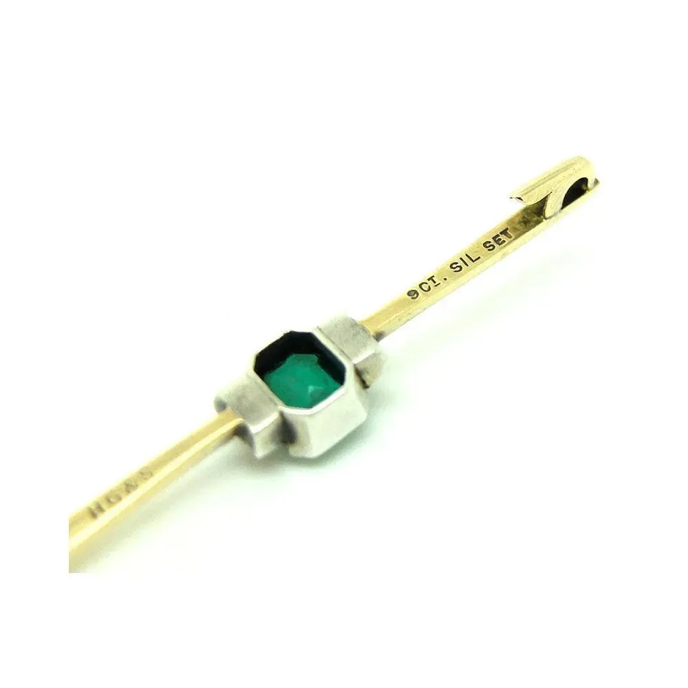 Vintage 1920s Art Deco Emerald Glass 9ct Gold Bar Brooch