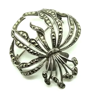 Vintage 1940s Sterling Silver Marcasite Flower Brooch