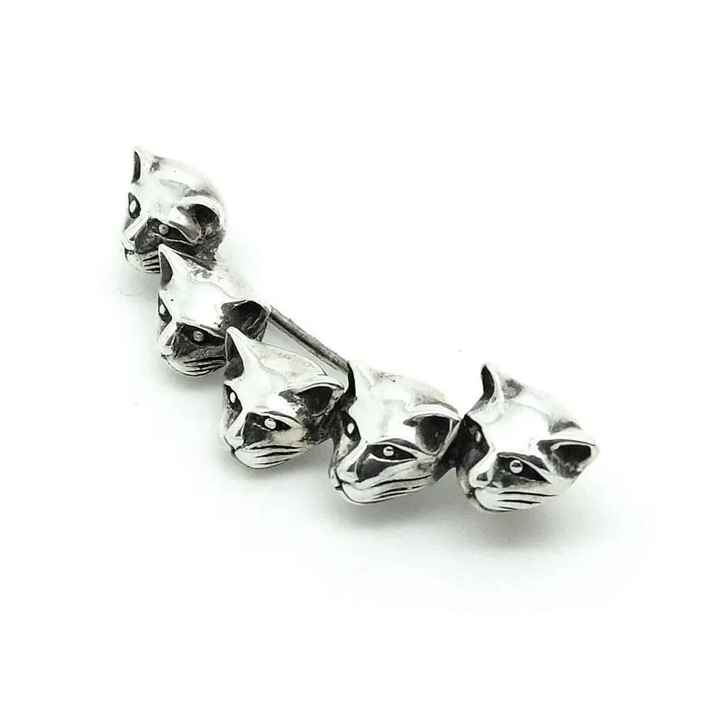 Vintage 1970s Silver Five Cat Head Crescent Brooch