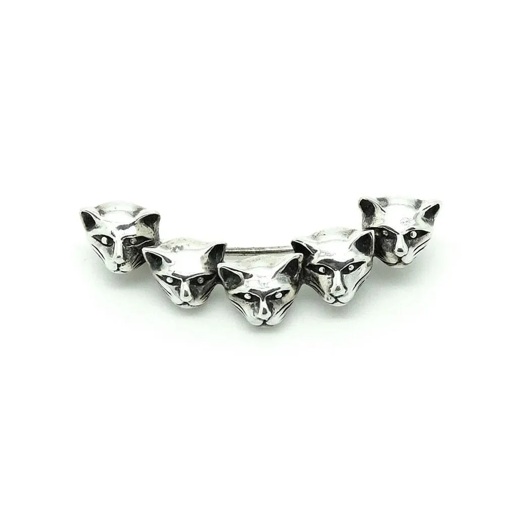 Vintage 1970s Silver Five Cat Head Crescent Brooch