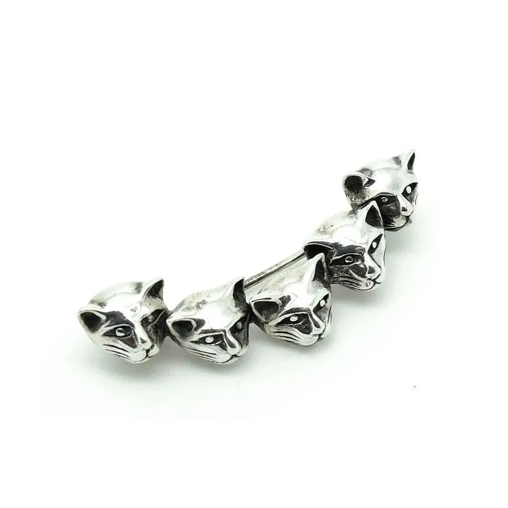 Vintage 1970s Silver Five Cat Head Crescent Brooch