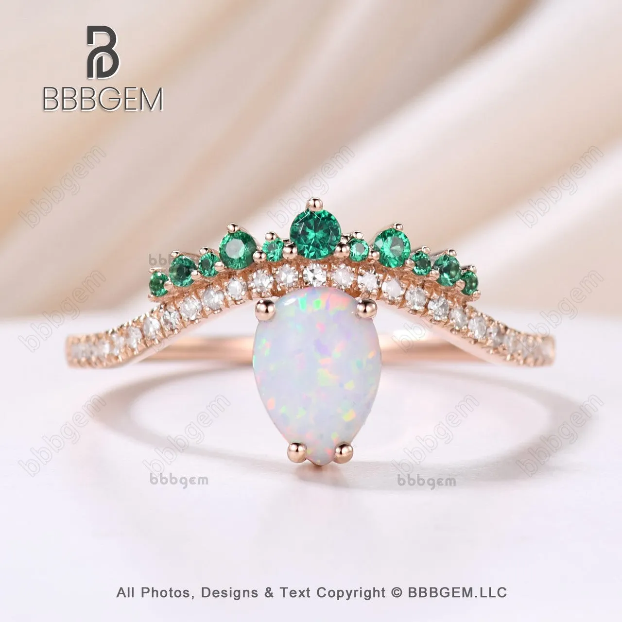 Vintage Opal Emerald Engagement Ring October Birthstone Art Deco Rose Gold Diamond Band