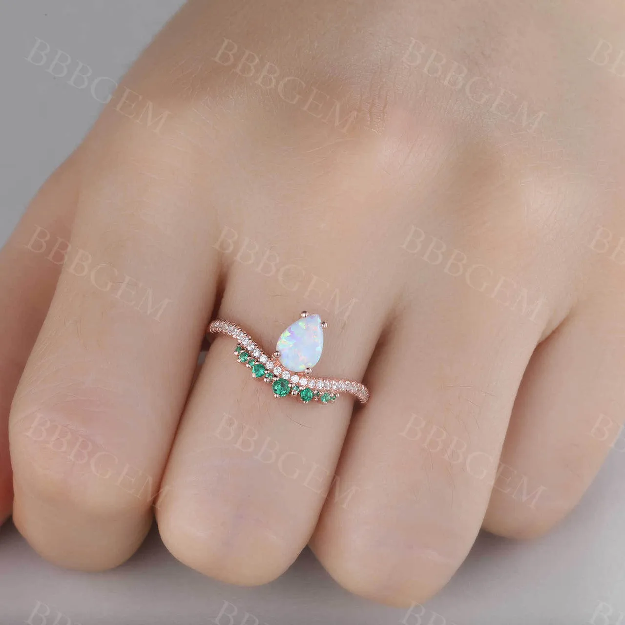 Vintage Opal Emerald Engagement Ring October Birthstone Art Deco Rose Gold Diamond Band