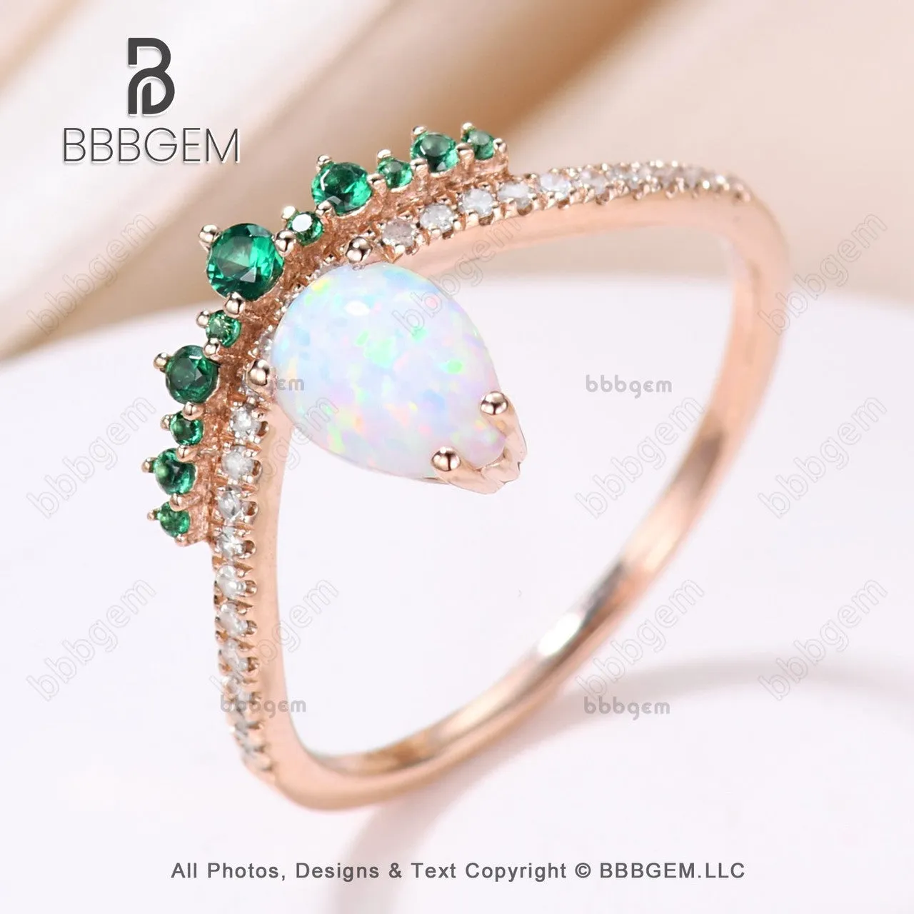 Vintage Opal Emerald Engagement Ring October Birthstone Art Deco Rose Gold Diamond Band