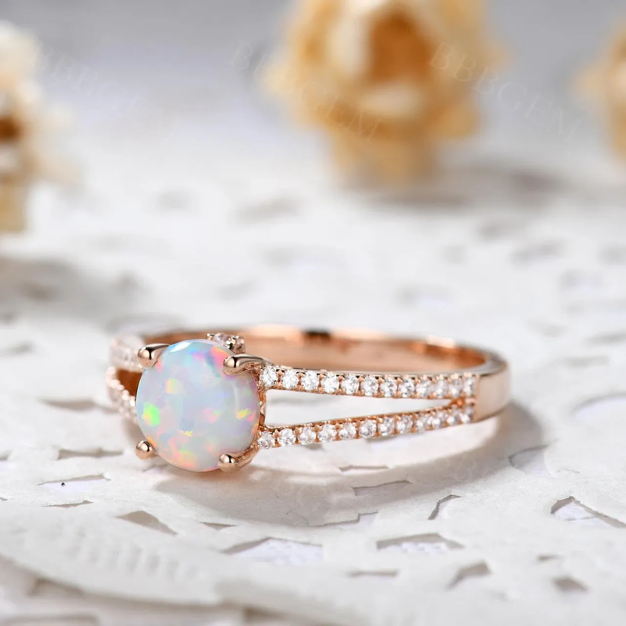 Vintage Opal Engagement Ring Split Shank Round Cut Opal Wedding Ring Rose Gold