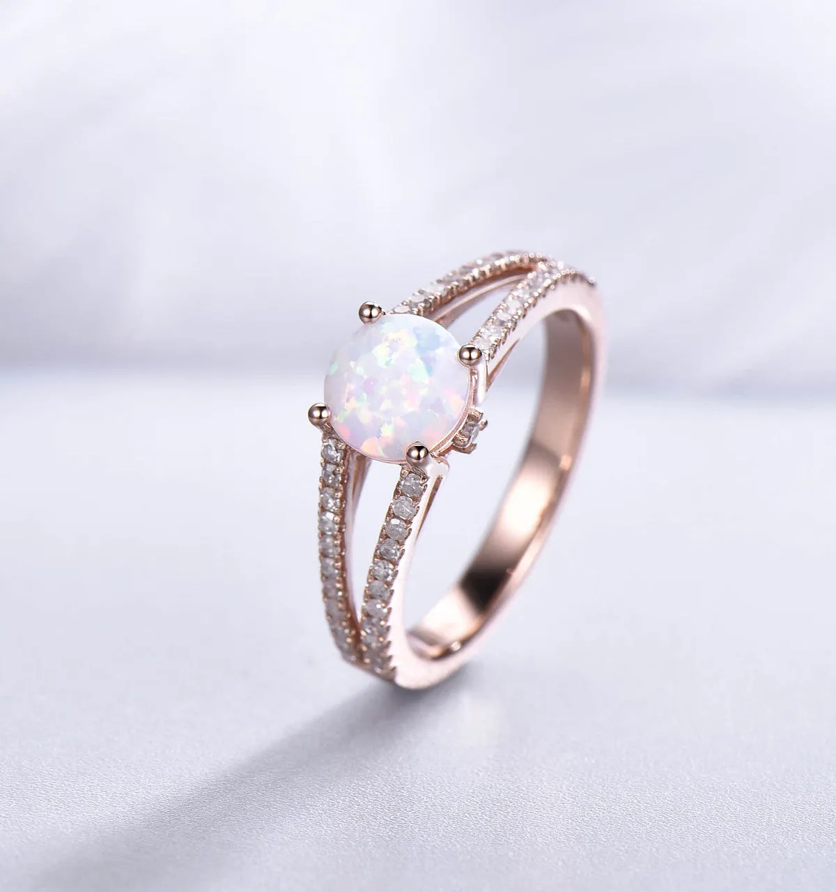 Vintage Opal Engagement Ring Split Shank Round Cut Opal Wedding Ring Rose Gold