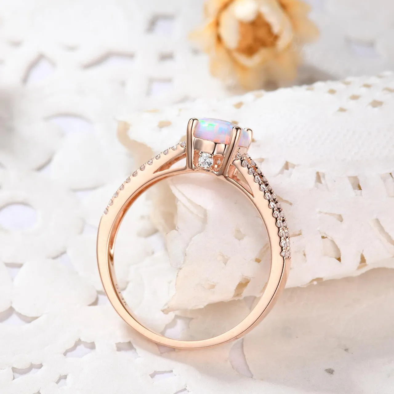 Vintage Opal Engagement Ring Split Shank Round Cut Opal Wedding Ring Rose Gold