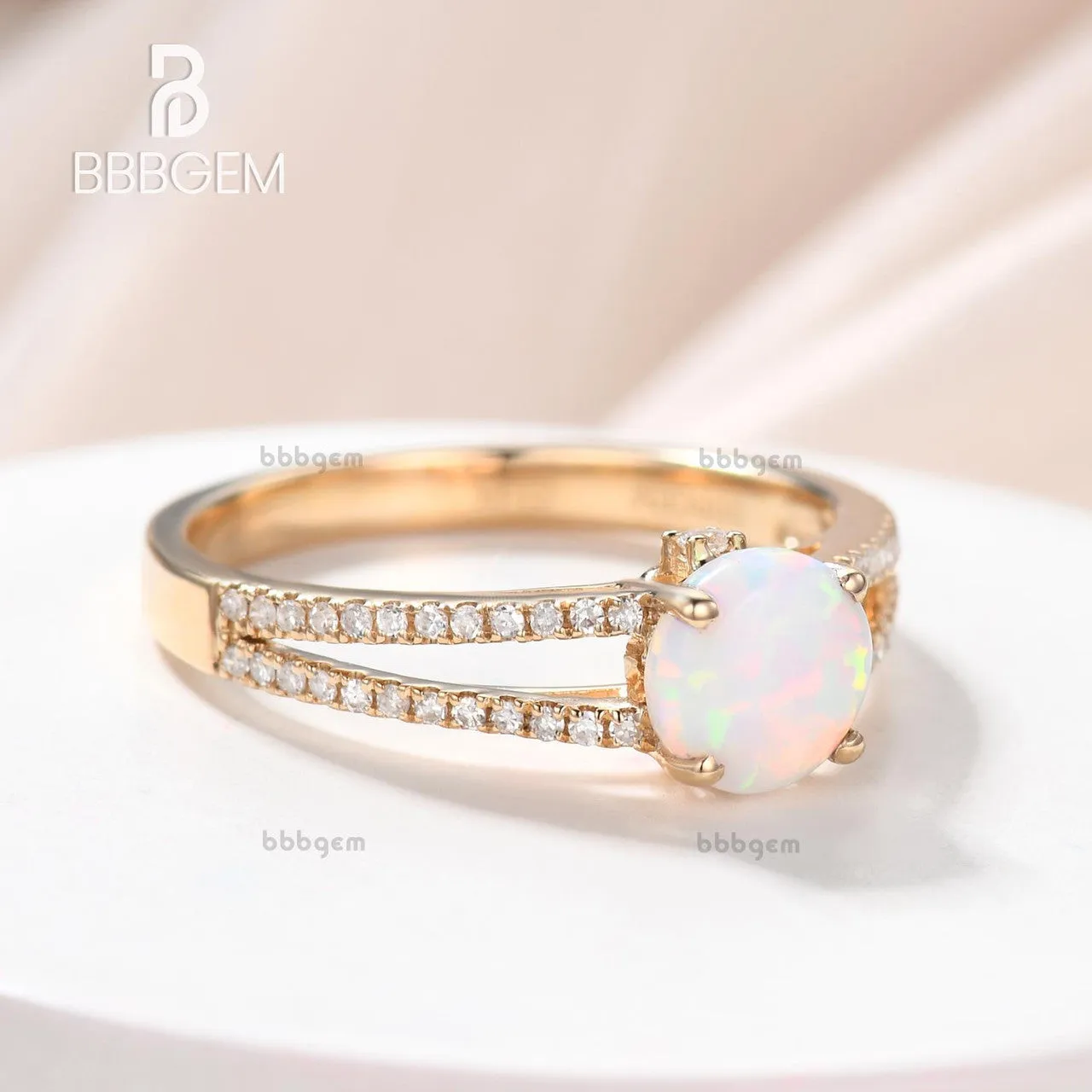 Vintage Opal Engagement Ring Split Shank Round Cut Opal Wedding Ring Rose Gold