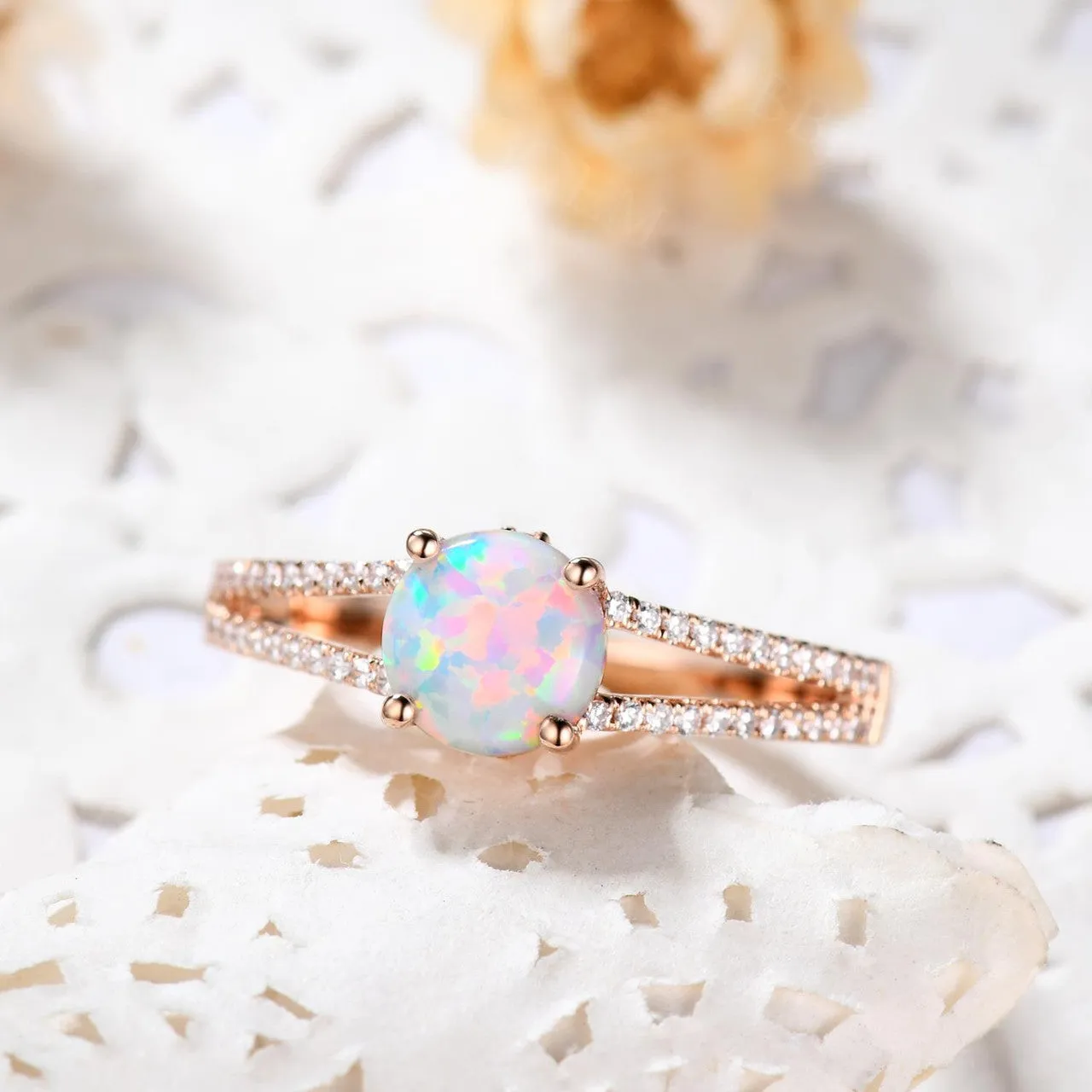 Vintage Opal Engagement Ring Split Shank Round Cut Opal Wedding Ring Rose Gold