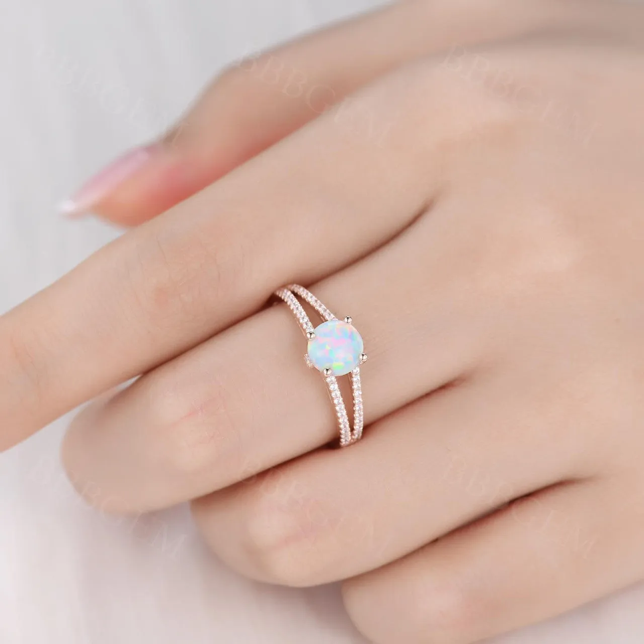 Vintage Opal Engagement Ring Split Shank Round Cut Opal Wedding Ring Rose Gold