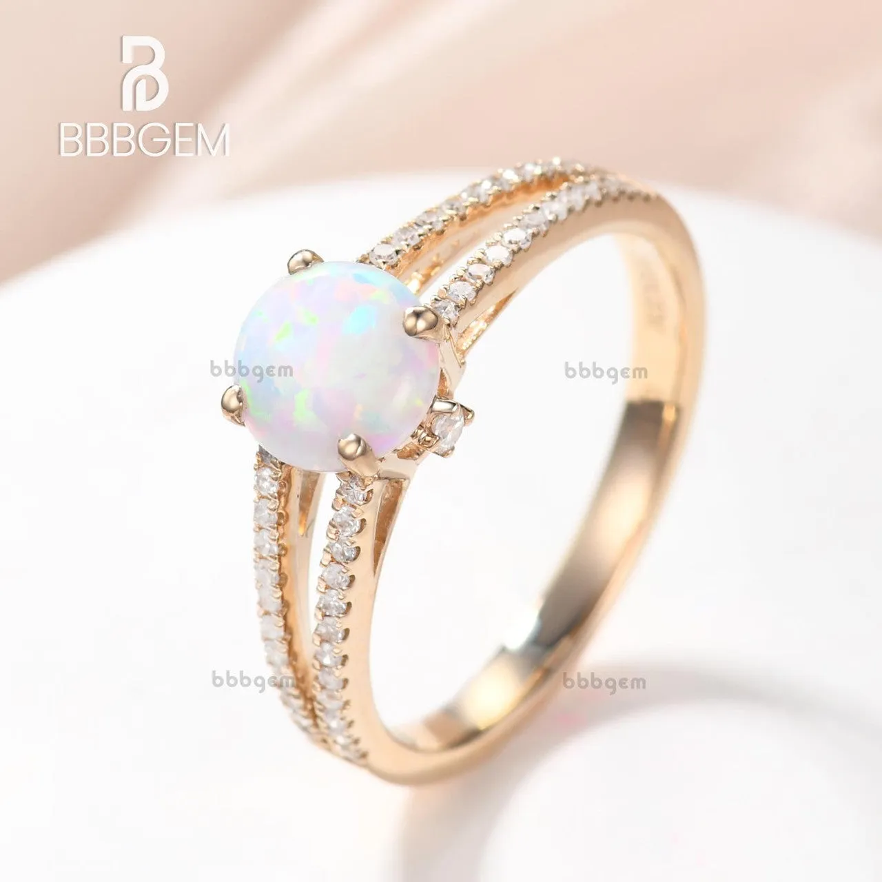 Vintage Opal Engagement Ring Split Shank Round Cut Opal Wedding Ring Rose Gold