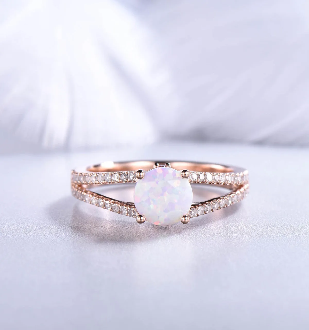 Vintage Opal Engagement Ring Split Shank Round Cut Opal Wedding Ring Rose Gold