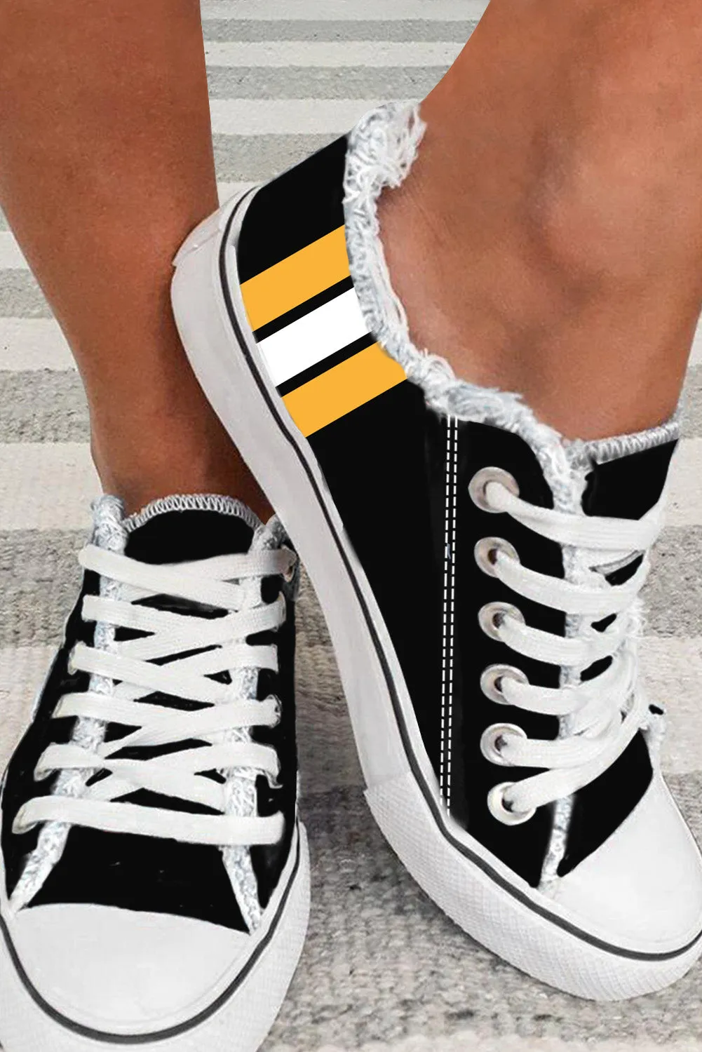 Women's Black Color Block Frayed Hem Lace Up Sneakers