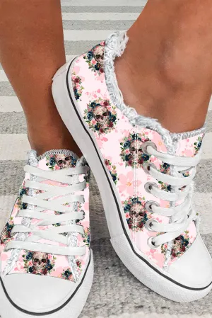 Women's Pink Flowers and Skulls Print Casual Lace Up Canvas Shoes