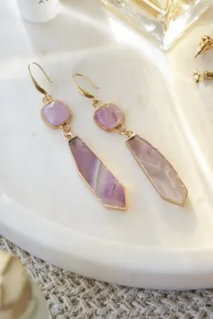 Xander Kostroma Gold Tone Amethyst Slice Pendant Earrings – 8cm Drop, Natural Amethyst Crystals for Healing & Spiritual Energy, Elegant Boho Jewelry for Women