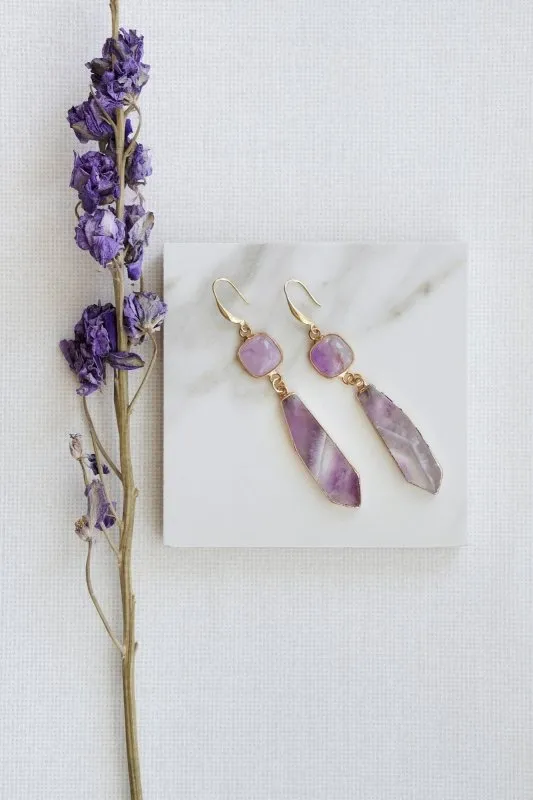 Xander Kostroma Gold Tone Amethyst Slice Pendant Earrings – 8cm Drop, Natural Amethyst Crystals for Healing & Spiritual Energy, Elegant Boho Jewelry for Women