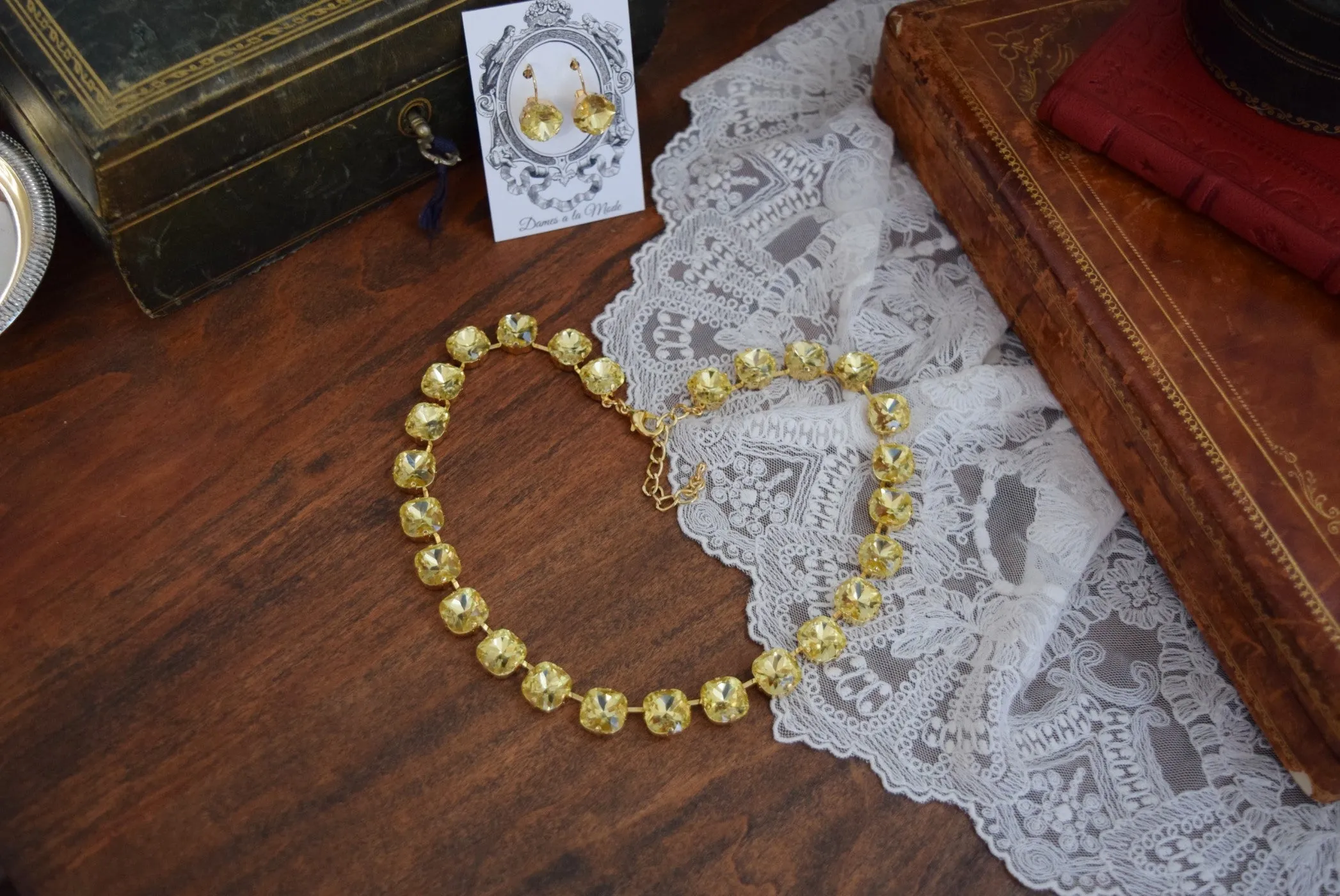 Yellow Aurora Crystal Collet Necklace - Medium Square